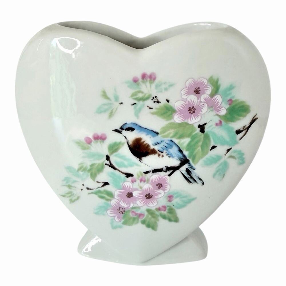 Vintage Bluebird Heart Shaped Ceramic Bud Vase Pink Floral Cherry Blossom White